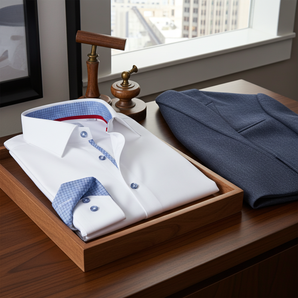 Edward// // Cotton Knit-Stretch Button-Up Shirt With Contrast Details // White // Tailored Fit (Fitted)