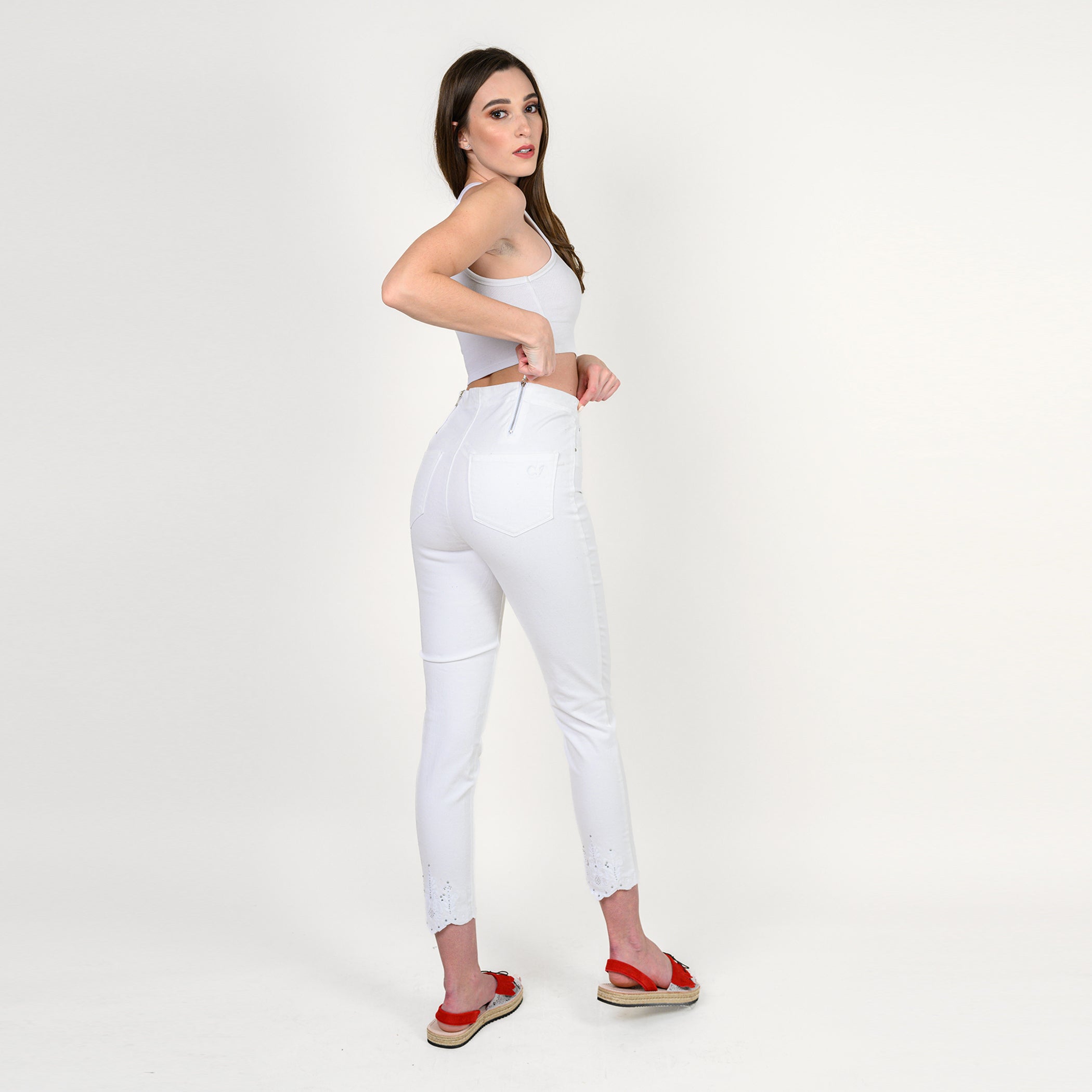 Embroidered Crystals Hem Capris