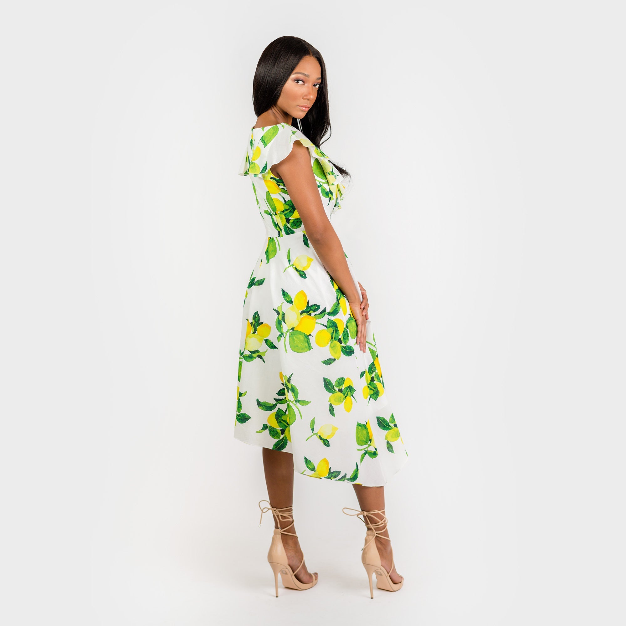 CN7177 Ruffled Nkline Sharkbite Hem Dress