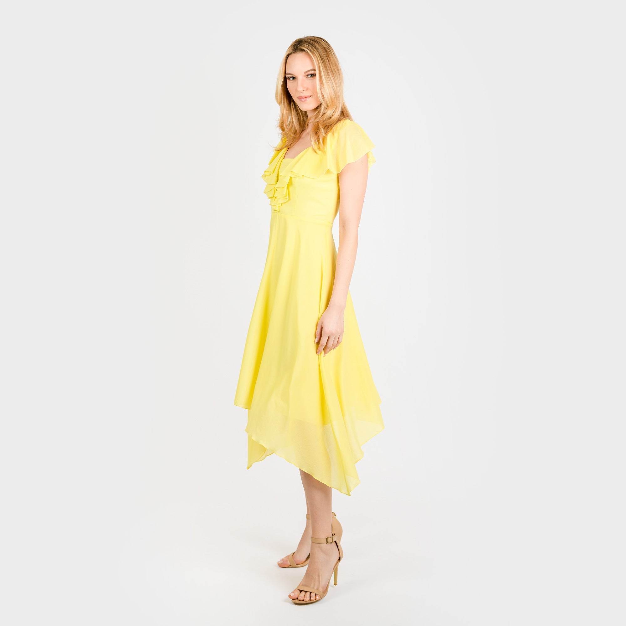 CN7177 Ruffled Nkline Sharkbite Hem Dress