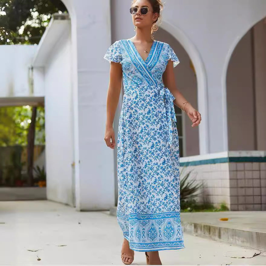 Casual vacation 8 printed dresses. Pin women's clothing lace-up big pendulum showing thin short sleeves