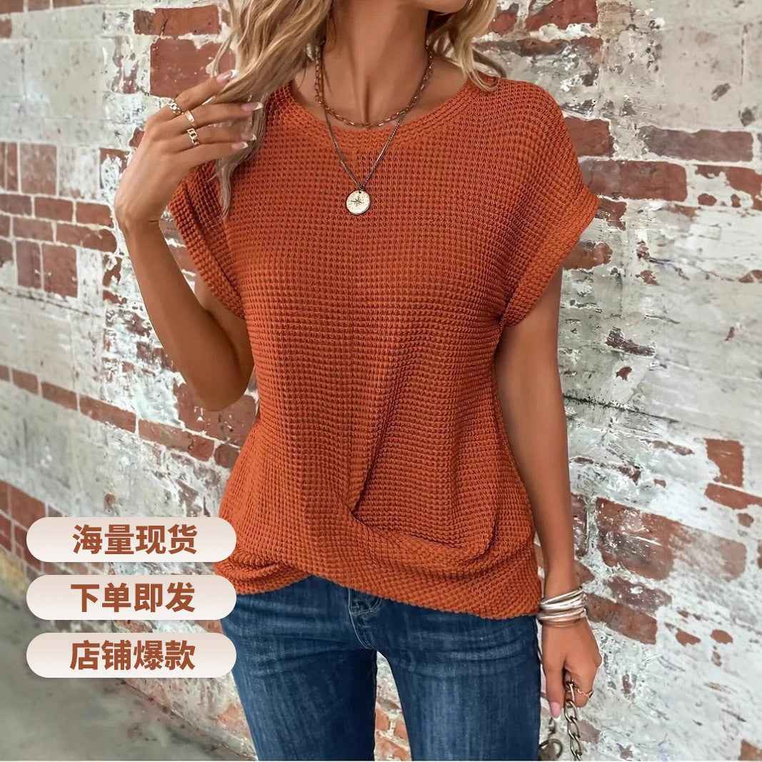Batwing Sleeve Twist Hem Waffle Knit Tee