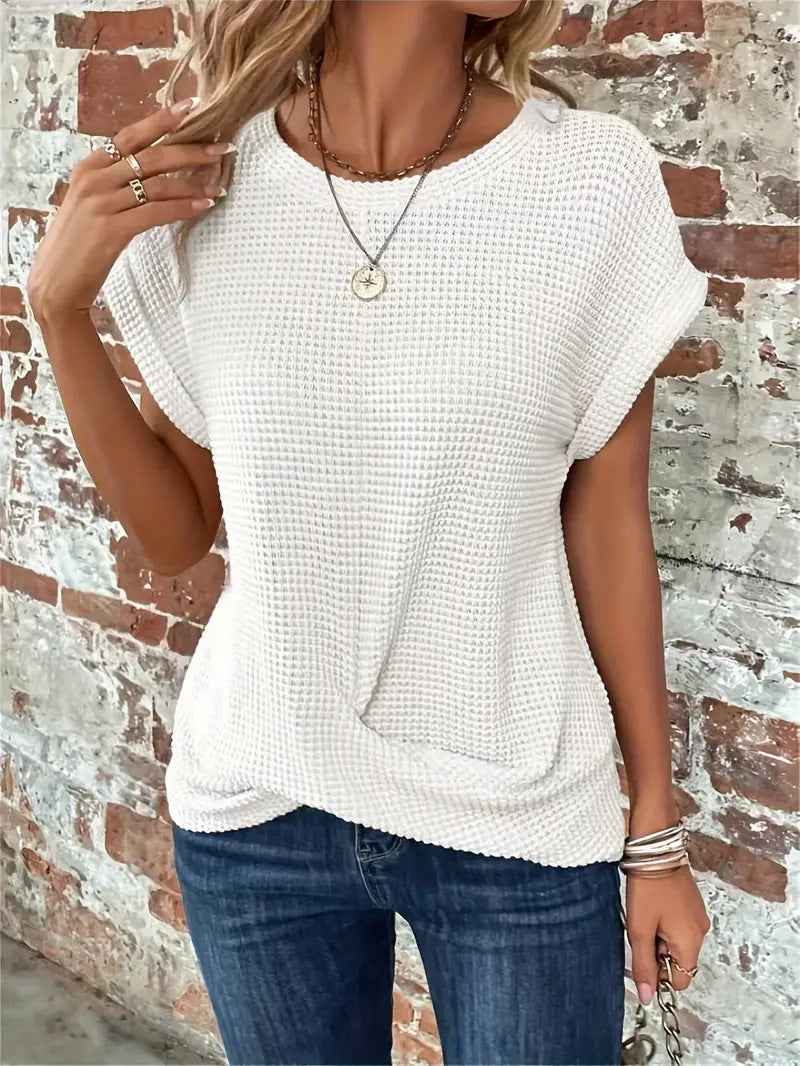 Batwing Sleeve Twist Hem Waffle Knit Tee