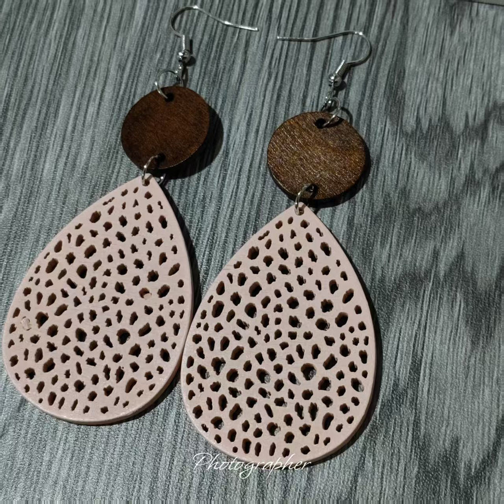 Bohemian Wood Disc and Leather Tassel Earrings