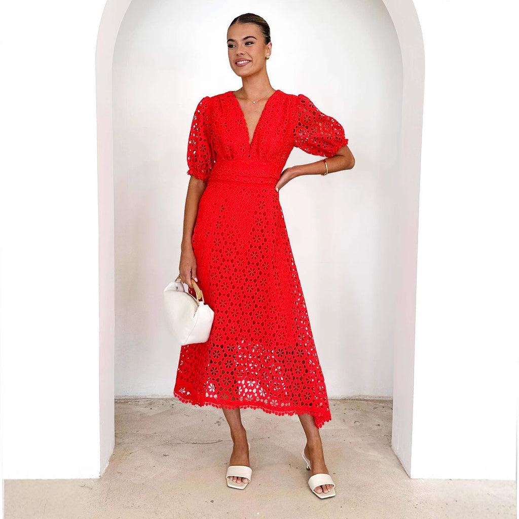 Dress skirt V-neck sexy waist solid color lace hollow dress