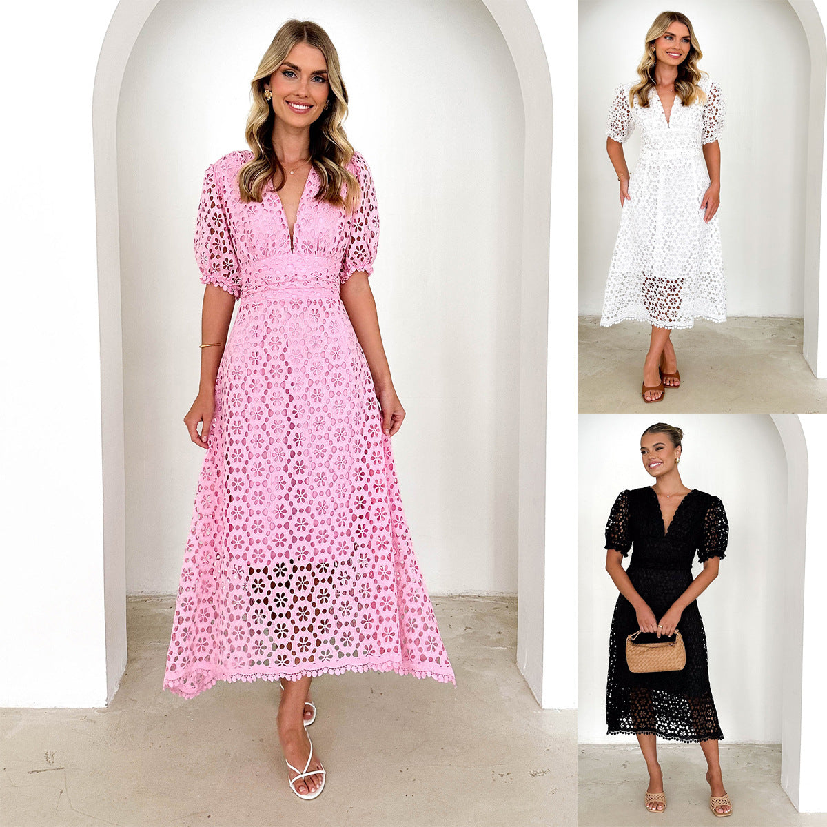 Dress skirt V-neck sexy waist solid color lace hollow dress