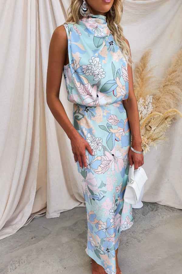 Sleeveless Strap Dress Slim Dress Satin Printing Temperament