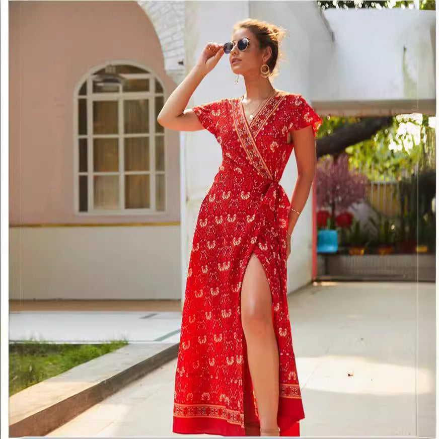 Casual vacation 8 printed dresses. Pin women's clothing lace-up big pendulum showing thin short sleeves