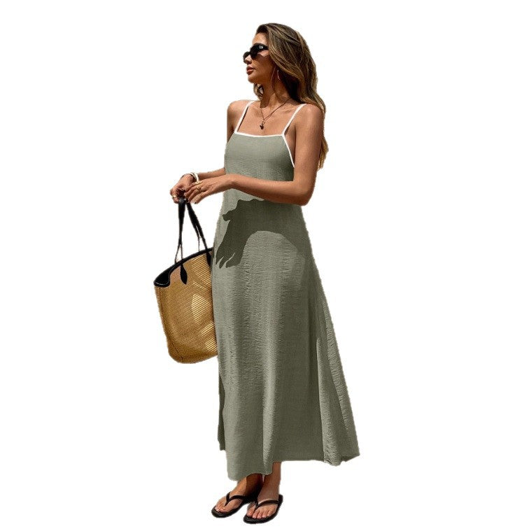Off-the-shoulder backless solid color suspender strap-up long dress