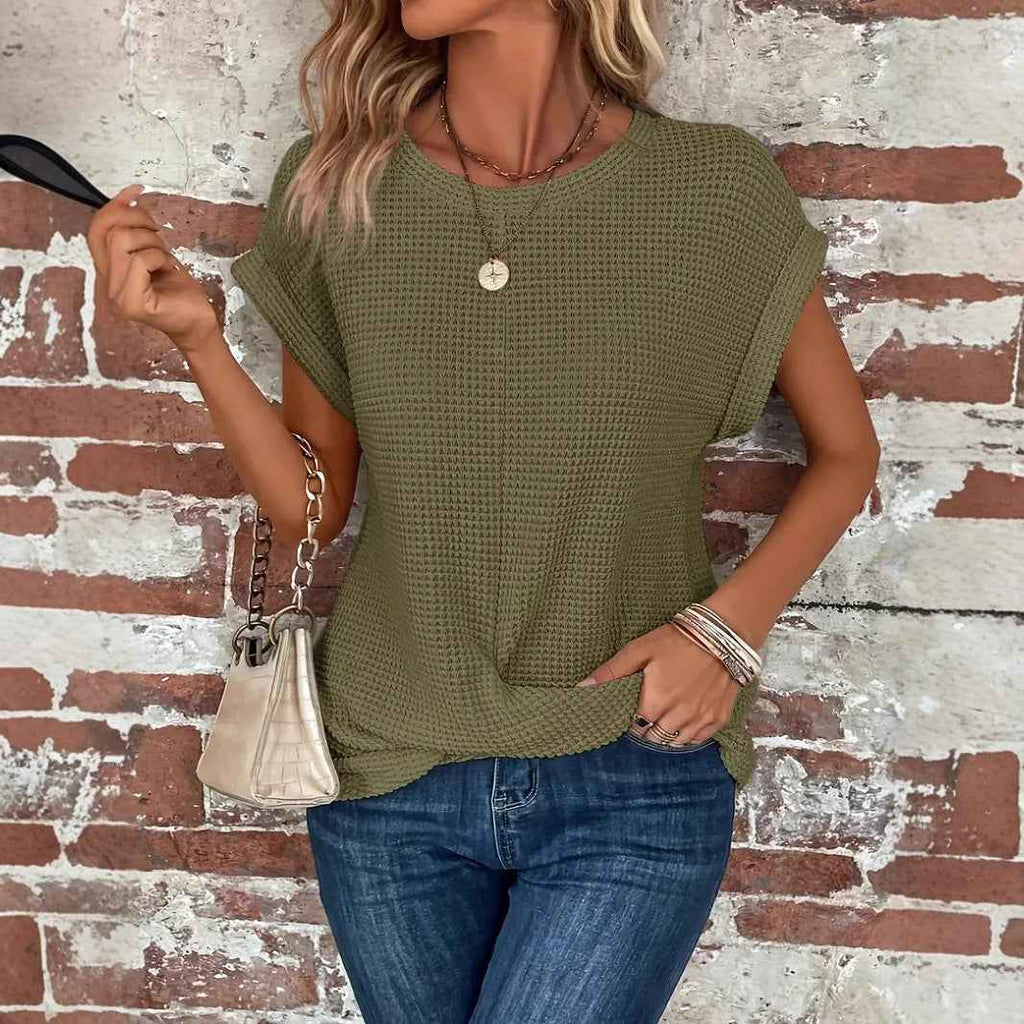 Batwing Sleeve Twist Hem Waffle Knit Tee