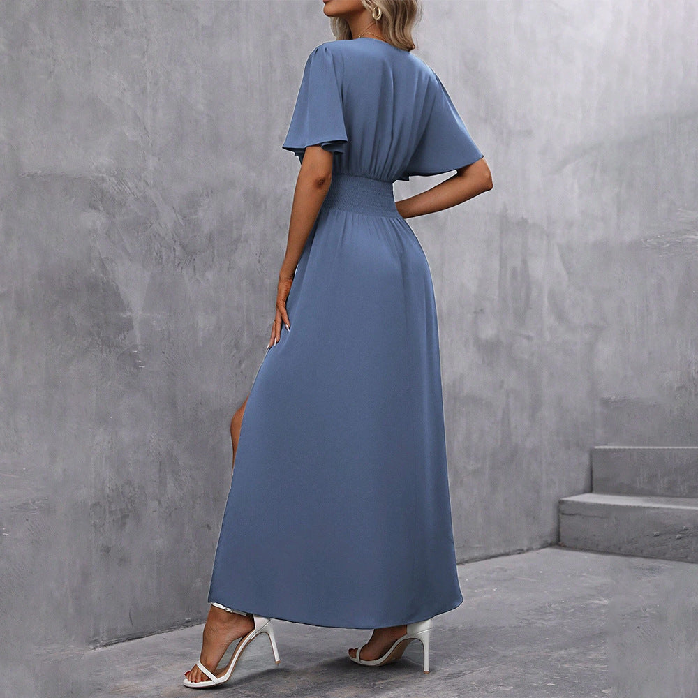 Elegant and generous deep V-neck design with split folds on both sides and waist skirt