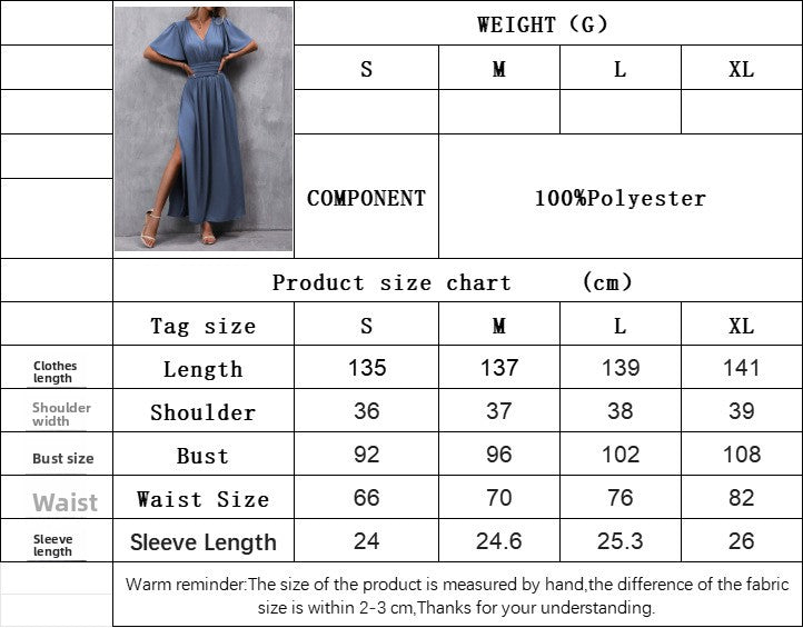 Elegant and generous deep V-neck design with split folds on both sides and waist skirt