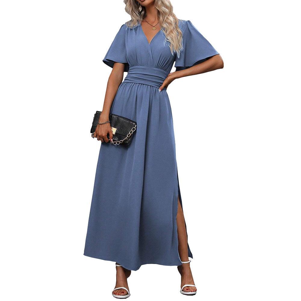 Elegant and generous deep V-neck design with split folds on both sides and waist skirt