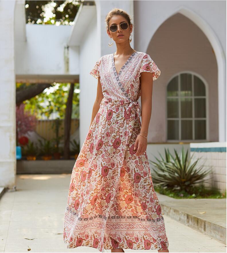 Casual vacation 8 printed dresses. Pin women's clothing lace-up big pendulum showing thin short sleeves