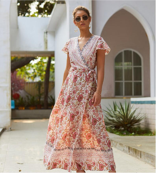Casual vacation 8 printed dresses. Pin women's clothing lace-up big pendulum showing thin short sleeves