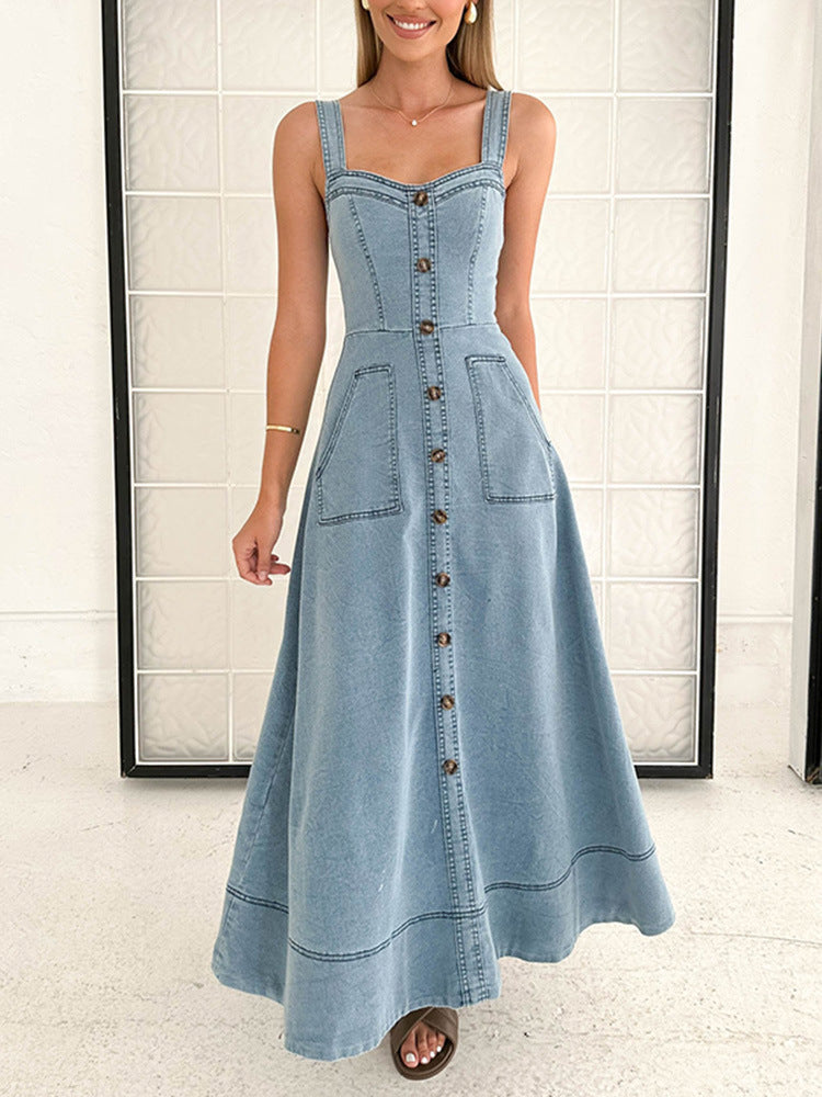 Denim medium and long dress, suspender backless temperament commuter dress