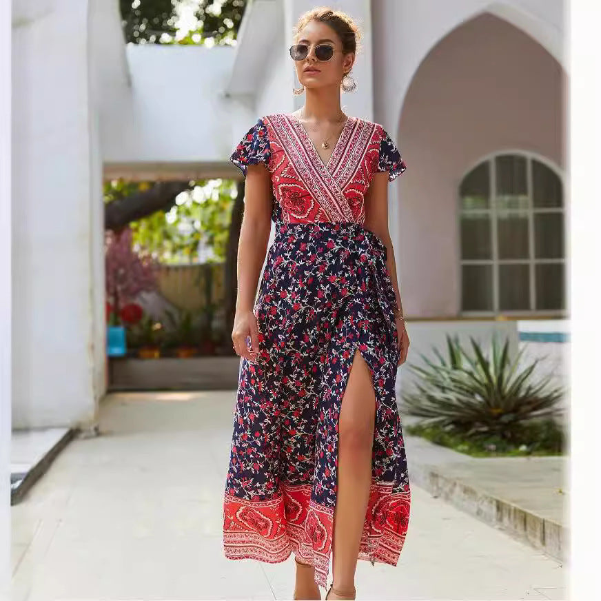 Casual vacation 8 printed dresses. Pin women's clothing lace-up big pendulum showing thin short sleeves