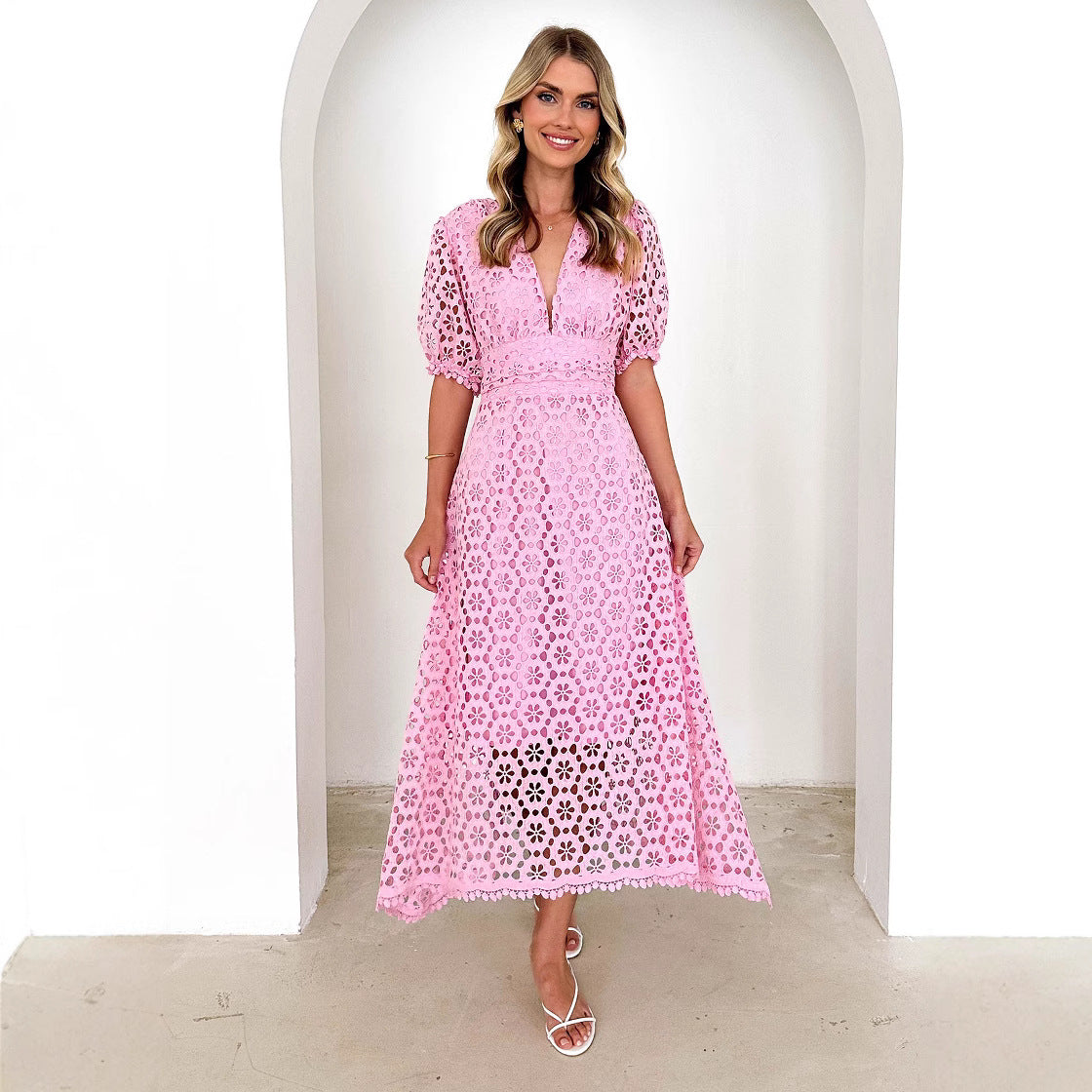 Dress skirt V-neck sexy waist solid color lace hollow dress