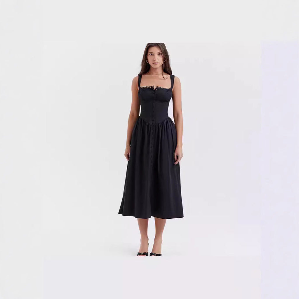 Floral Printed French Lace-Up Halter Dress - Sleeveless Spaghetti Strap Holiday Party Dress with Suspender Detail