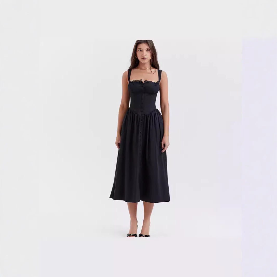 Floral Printed French Lace-Up Halter Dress - Sleeveless Spaghetti Strap Holiday Party Dress with Suspender Detail