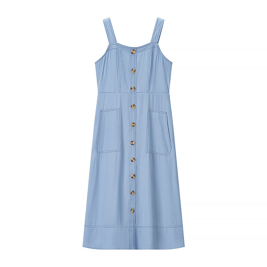 Denim medium and long dress, suspender backless temperament commuter dress