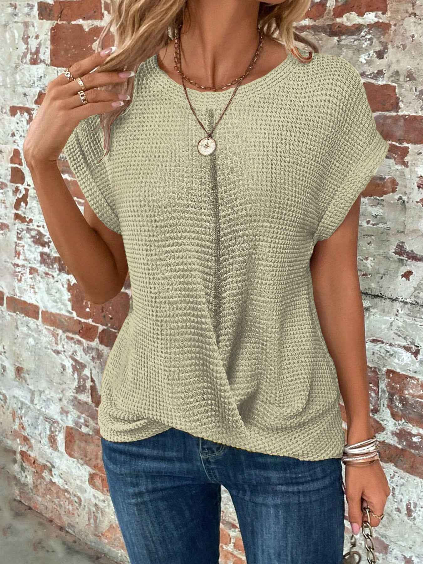 Batwing Sleeve Twist Hem Waffle Knit Tee