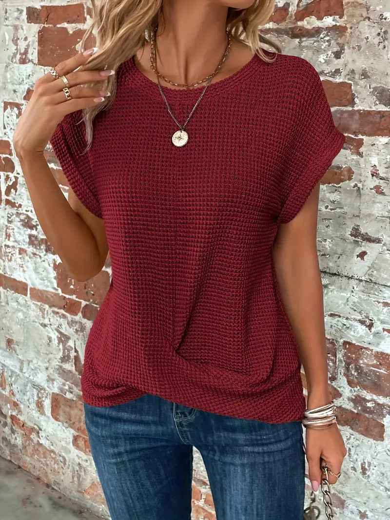 Batwing Sleeve Twist Hem Waffle Knit Tee
