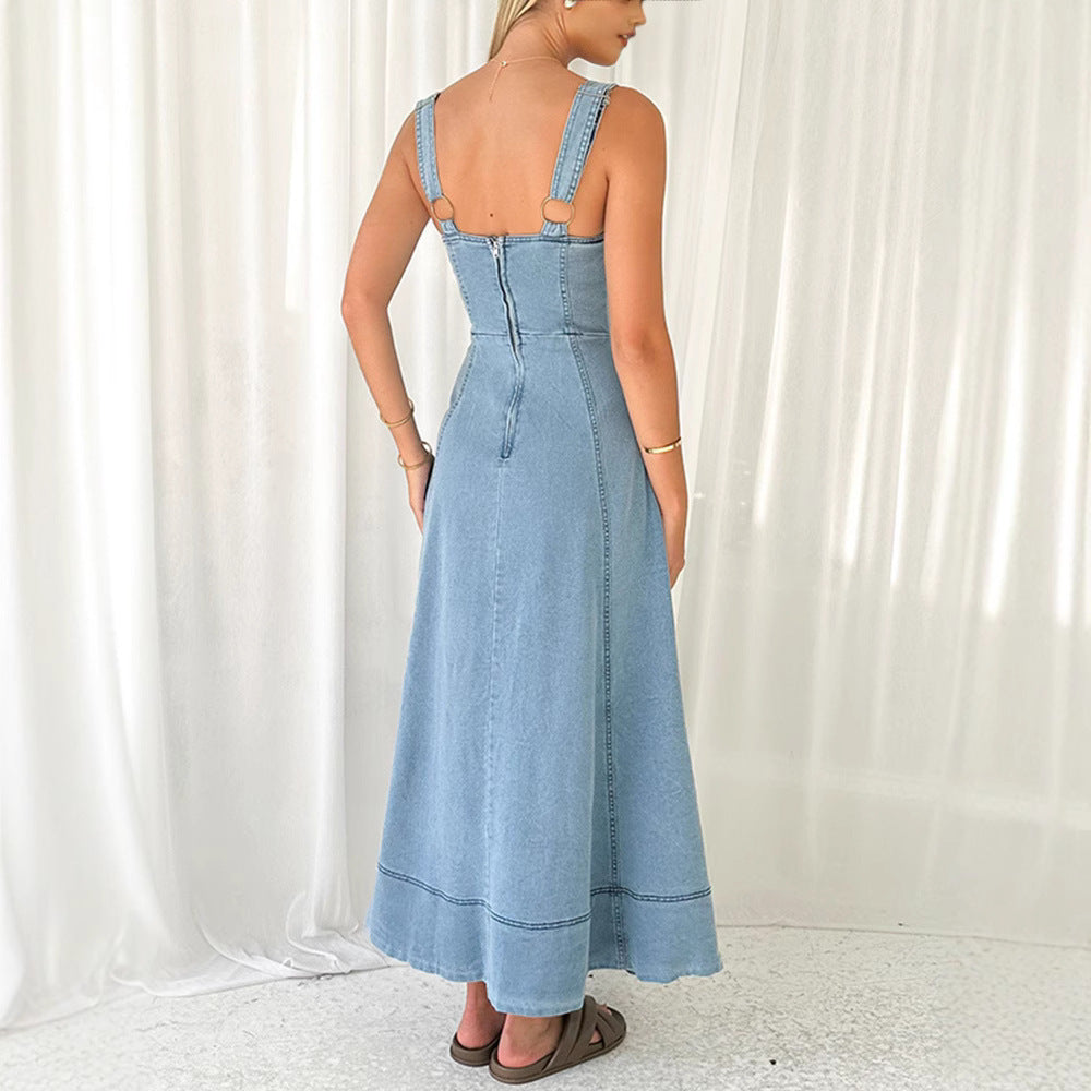 Denim medium and long dress, suspender backless temperament commuter dress
